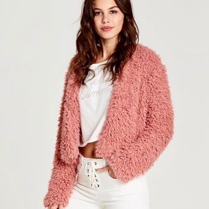 Faux Fur Sherpa Cropped Pink Jacket